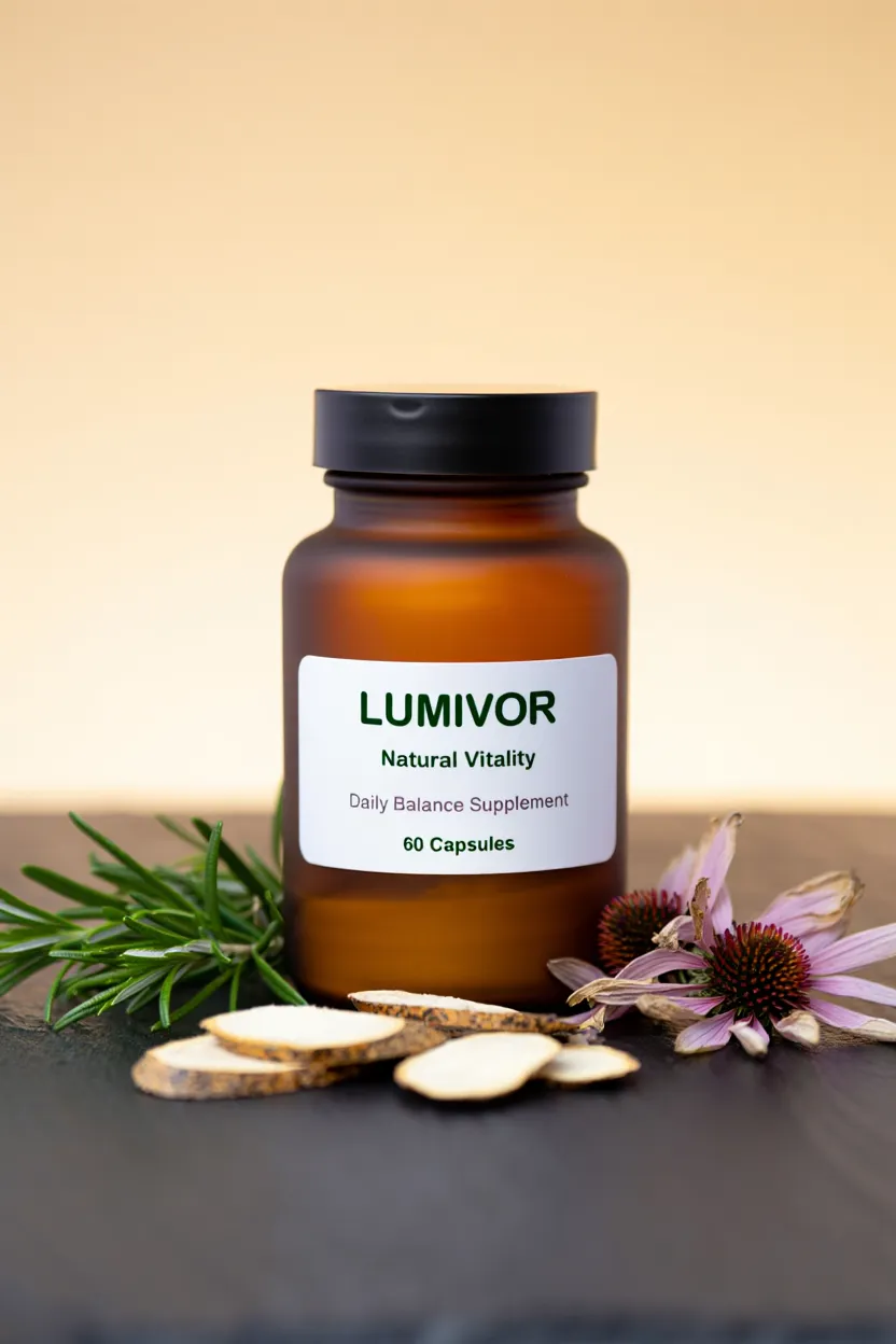 Lumivor natural supplement bottle with herbal ingredients for daily vitality and balance